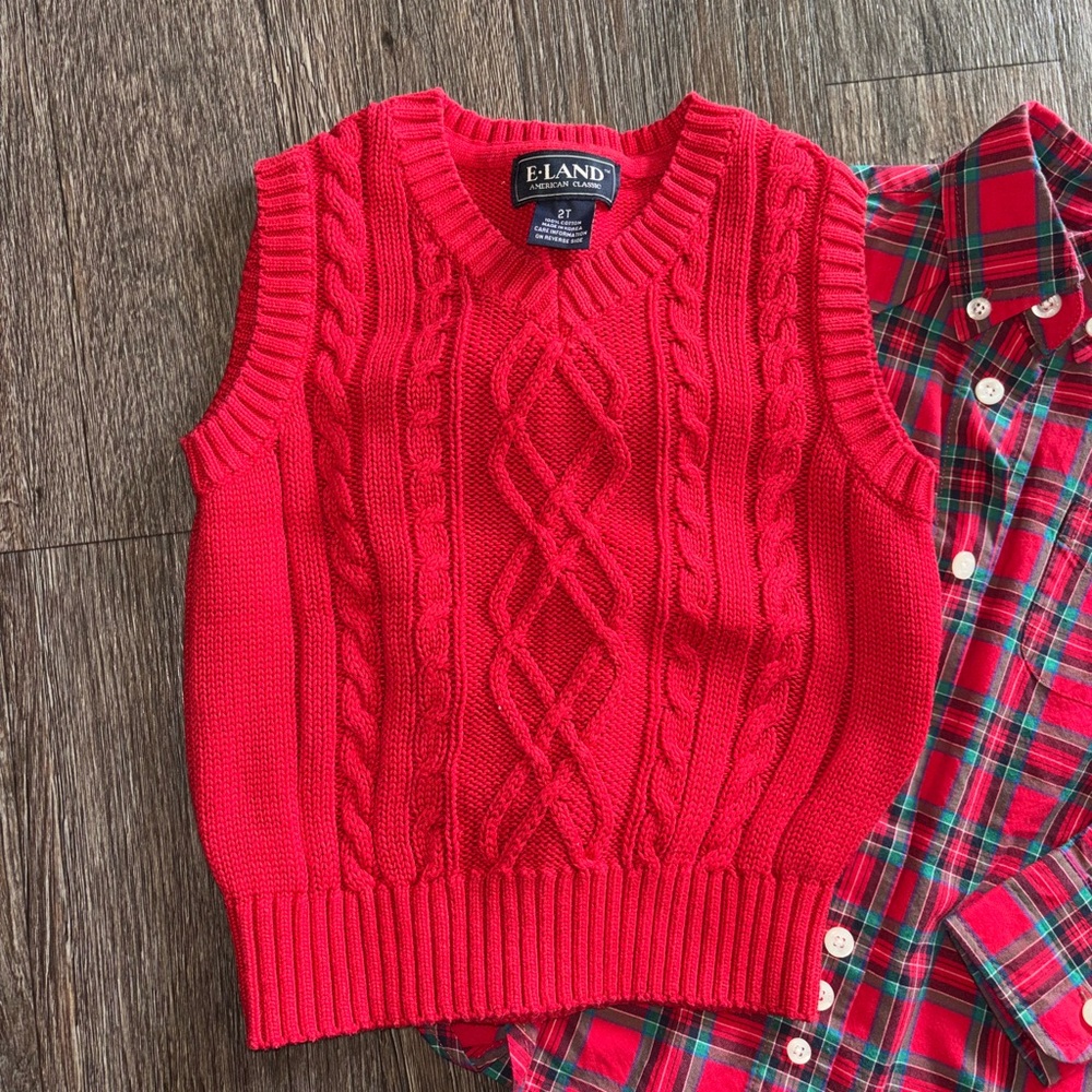 E Land 2t Plaid Button-Down Shirt with Red Sweater Vest